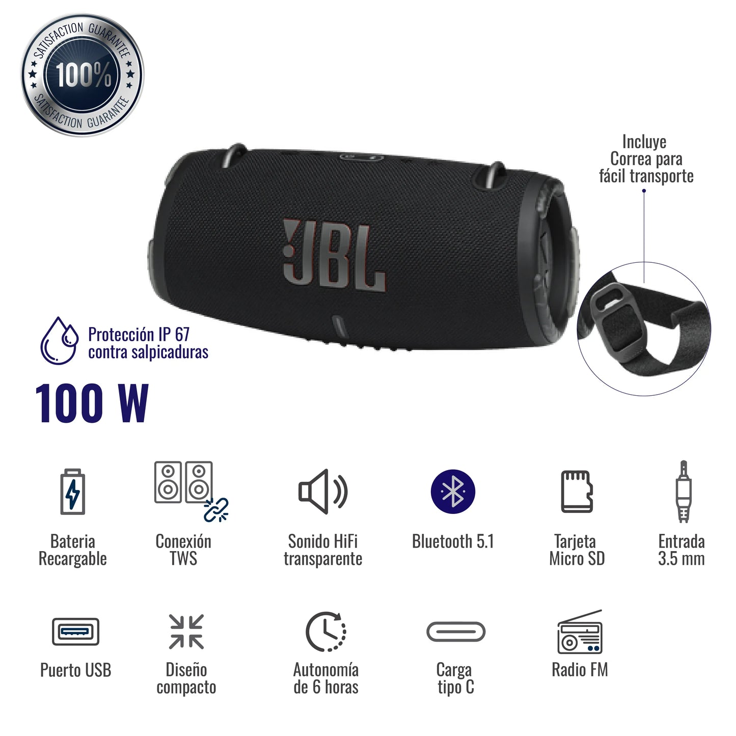 Parlante Boom Box Negro JBL Bluetooth Recargable TWS Mp3